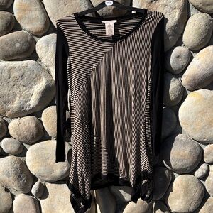 Philosophy Asymmetrical Tunic Length Black and Beige Striped Long Sleeve Top